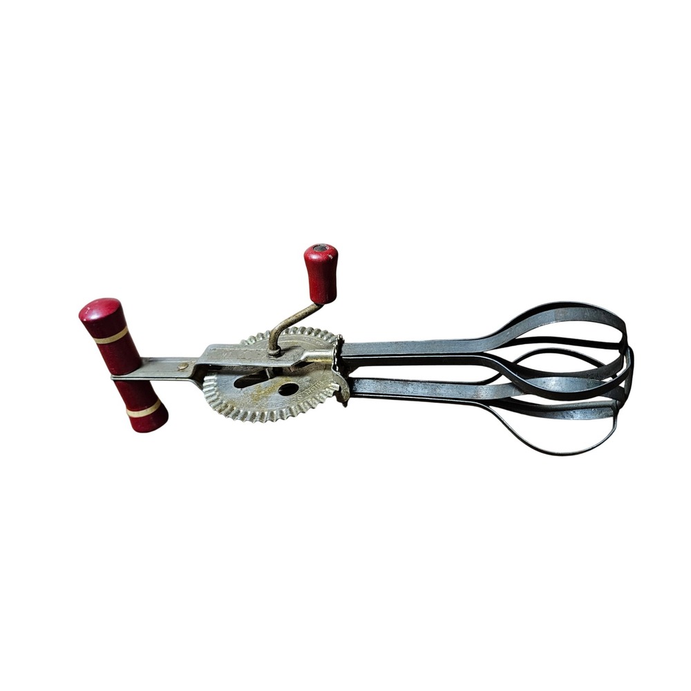 Vintage Ekco High Speed Super Center Drive Beater Red Wood Handle Hand Egg Mixer